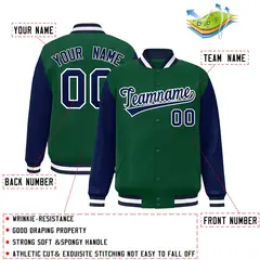 Green Navy-White Raglan Varsity Full-Snap Letterman Jacket 2