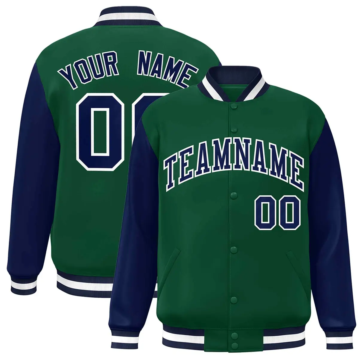 Green Navy-White Raglan Varsity Full-Snap Letterman Jacket