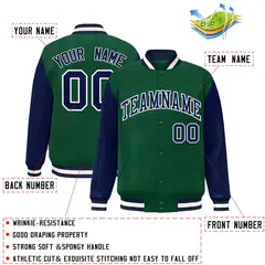Green Navy-White Raglan Varsity Full-Snap Letterman Jacket 2