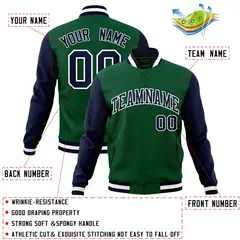Green Navy-White Raglan Varsity Full-Snap Letterman Jacket 4