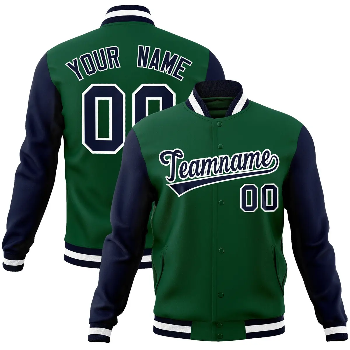Green Navy-White Raglan Varsity Full-Snap Letterman Jacket