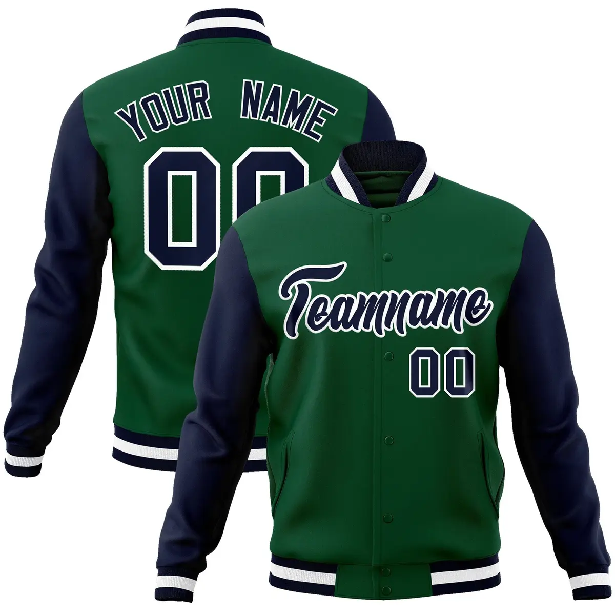 Green Navy-White Raglan Varsity Full-Snap Letterman Jacket