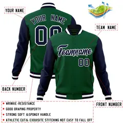 Green Navy-White Raglan Varsity Full-Snap Letterman Jacket 4