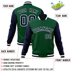 Green Navy-White Raglan Varsity Full-Snap Letterman Jacket 4