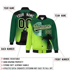 Green Neon Green Black Halloween Skeleton Graffiti Varsity Jacket 2