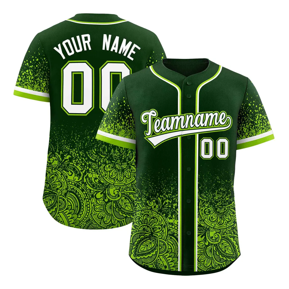 Green Neon Green Floral Gradient Full Button Baseball Jersey