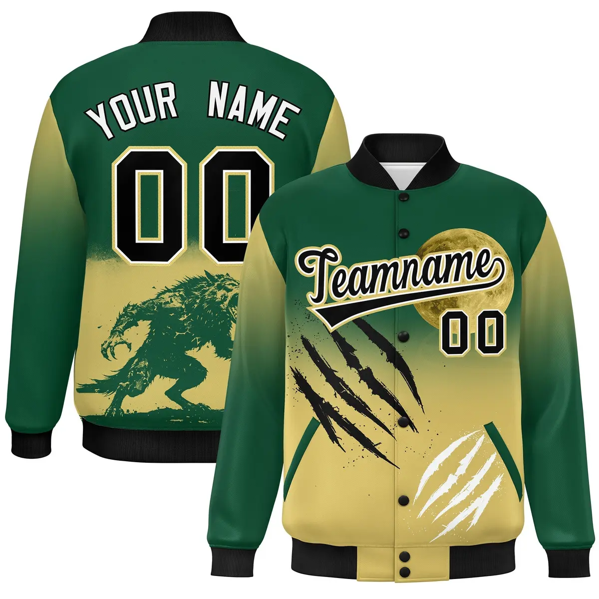 Green Old Gold Black Halloween Skeleton Varsity Jacket Stretch Fabric