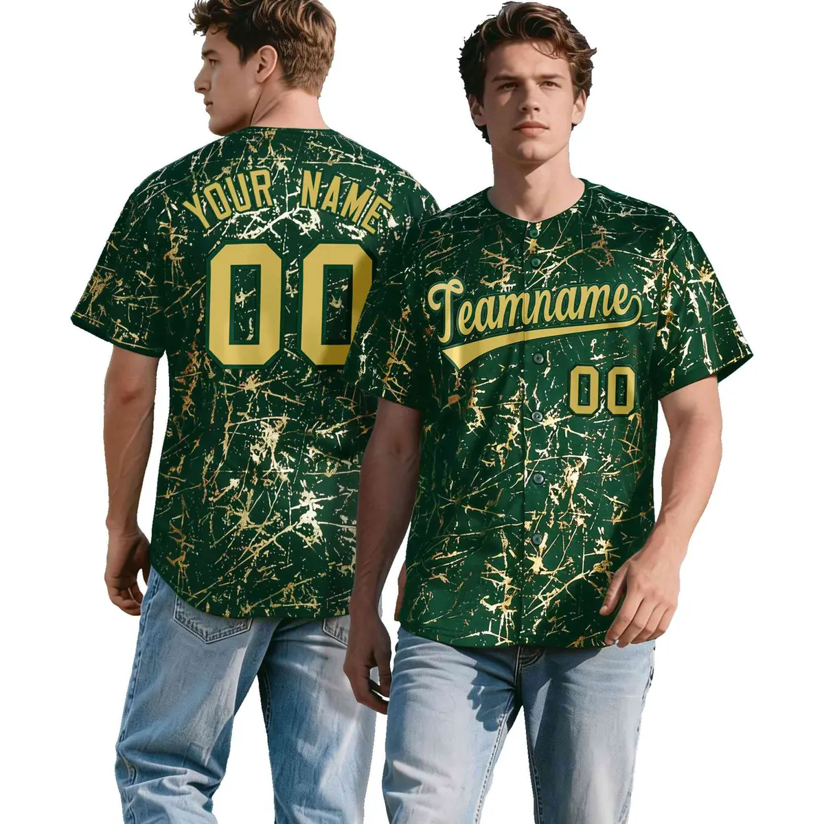 Green Old Gold Black & Shiny Gold Cracked Foil Hip Hop Baseball Jersey