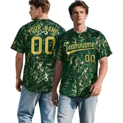 Green Old Gold Black & Shiny Gold Cracked Foil Hip Hop Baseball Jersey 1