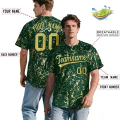 Green Old Gold Black & Shiny Gold Cracked Foil Hip Hop Baseball Jersey 2