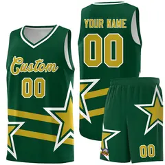 Green Old Gold Star Pattern Double Lines Basketball Kits 1