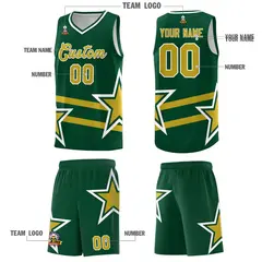 Green Old Gold Star Pattern Double Lines Basketball Kits 5
