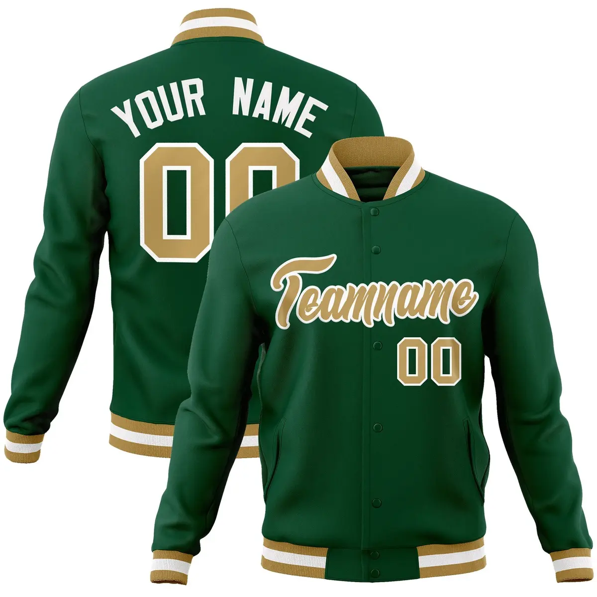 Green Old Gold-White Full-Snap Varsity Letterman Jacket