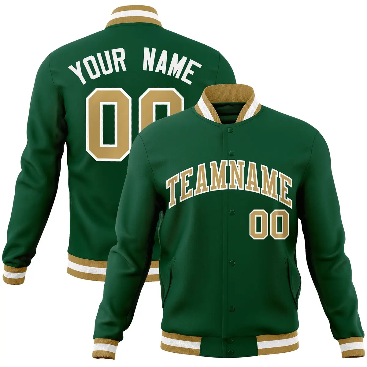 Green Old Gold-White Full-Snap Varsity Letterman Jacket