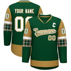 Green Old Gold-White Raglan Sleeves V-Neck Hockey Jersey 1