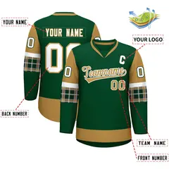 Green Old Gold-White Raglan Sleeves V-Neck Hockey Jersey 2
