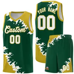 Green Old Gold-White Sparkle Print Basketball Kits 1