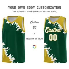 Green Old Gold-White Sparkle Print Basketball Kits 3