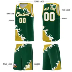 Green Old Gold-White Sparkle Print Basketball Kits 5