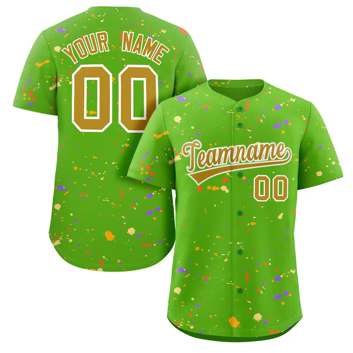 Green Old Gold White Splash Graffiti Striped Baseball Jersey