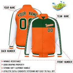 Green Orange K-Ribbon Raglan Color Block Full-Snap Letterman Jacket 2