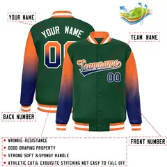 Green Orange-Navy Gradient Varsity Full-Snap Raglan Baseball Jacket 2
