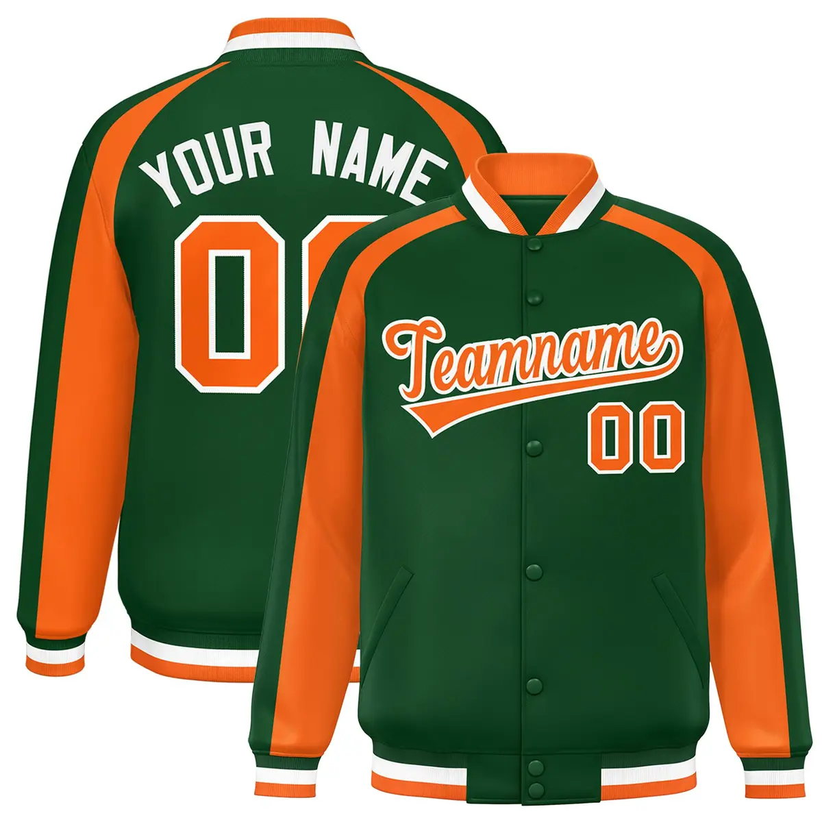 Green Orange Raglan Color Block Varsity Full-Snap Letterman Jacket