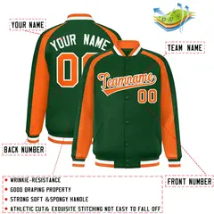 Green Orange Raglan Color Block Varsity Full-Snap Letterman Jacket 2