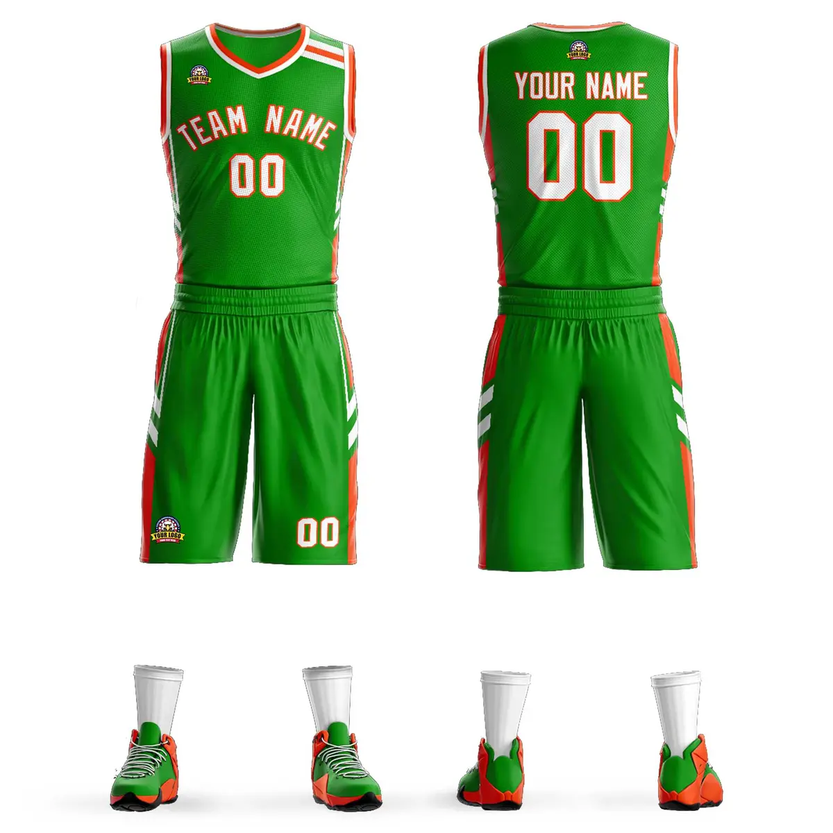 Green Orange White Classic Mesh Basketball Jersey Sets