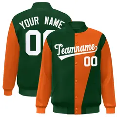 Green Orange-White Color Block Varsity Full-Snap Bomber Jacket
