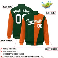 Green Orange-White Color Block Varsity Full-Snap Bomber Jacket 2