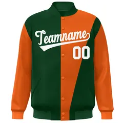 Green Orange-White Color Block Varsity Full-Snap Bomber Jacket 3