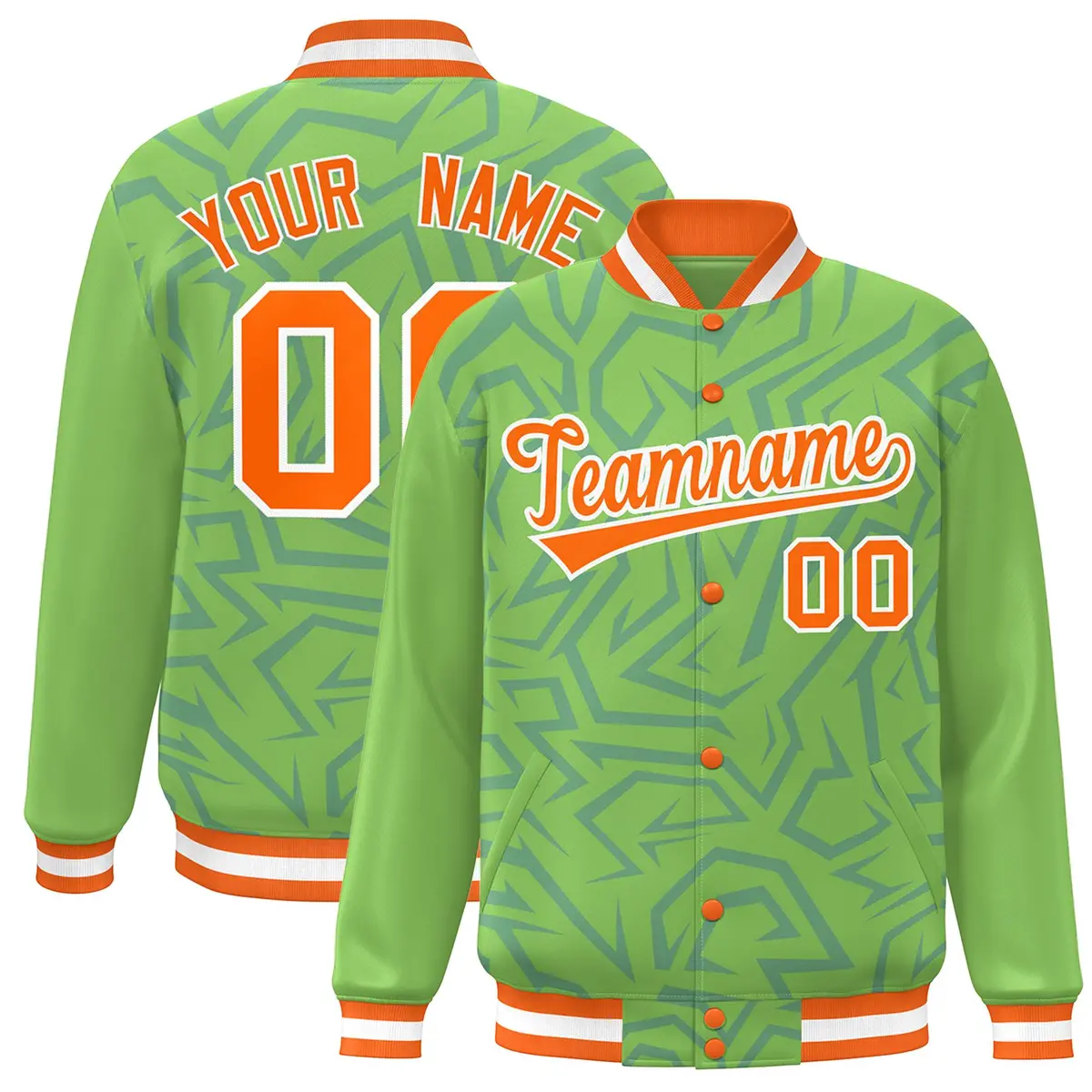 Green Orange-White Stripe Graffiti Pattern Varsity Full-Snap Jacket