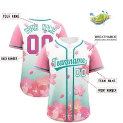 Green Pink Cherry Blossom Graffiti Baseball Jersey 2