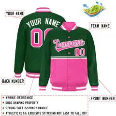 Green Pink Color Block Varsity Full-Snap Letterman Jacket 2