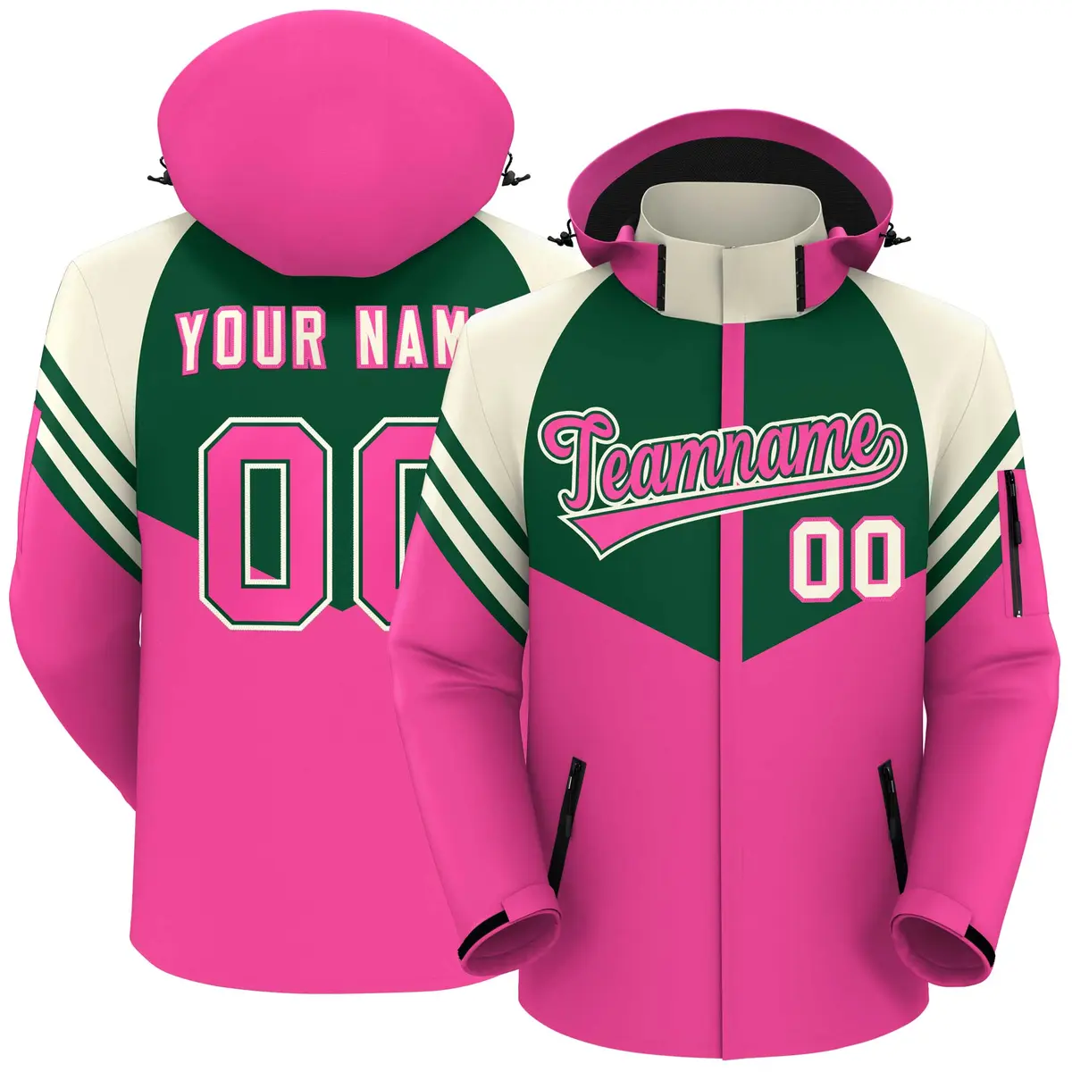 Green Pink-Cream Color Block Hooded Outdoor Waterproof Jacket