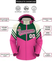 Green Pink-Cream Color Block Hooded Outdoor Waterproof Jacket 2