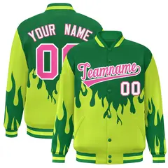 Green Pink Flame Graffiti Bomber Varsity Full-Snap Jacket 1