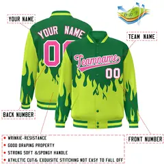 Green Pink Flame Graffiti Bomber Varsity Full-Snap Jacket 2