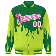 Green Pink Flame Graffiti Bomber Varsity Full-Snap Jacket 3