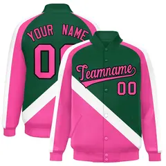 Green Pink Full-Snap Raglan Letterman Baseball Jacket