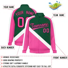 Green Pink Full-Snap Raglan Letterman Baseball Jacket 2
