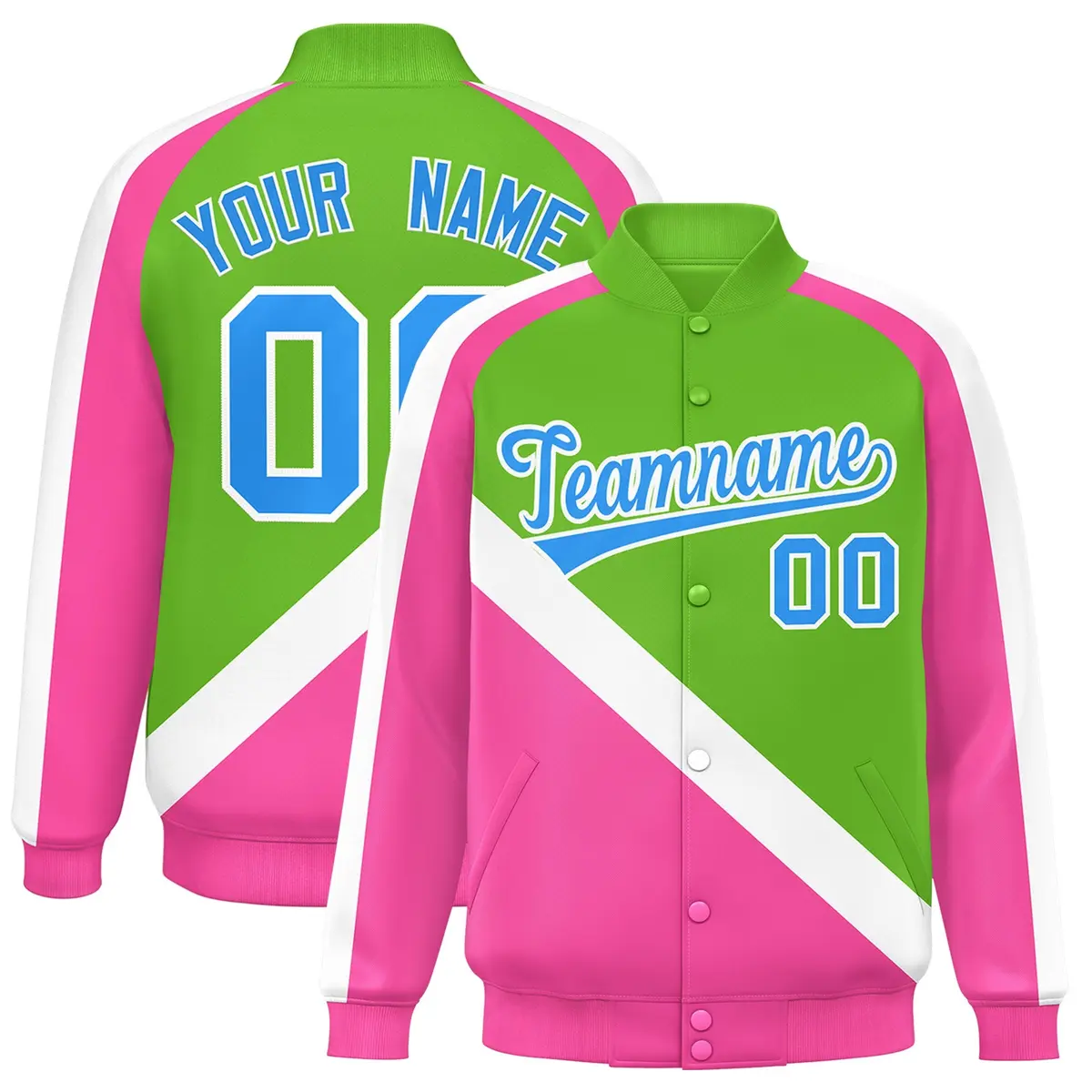 Green Pink Full-Snap Raglan Letterman Baseball Jacket