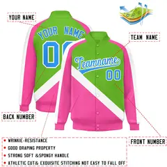 Green Pink Full-Snap Raglan Letterman Baseball Jacket 2