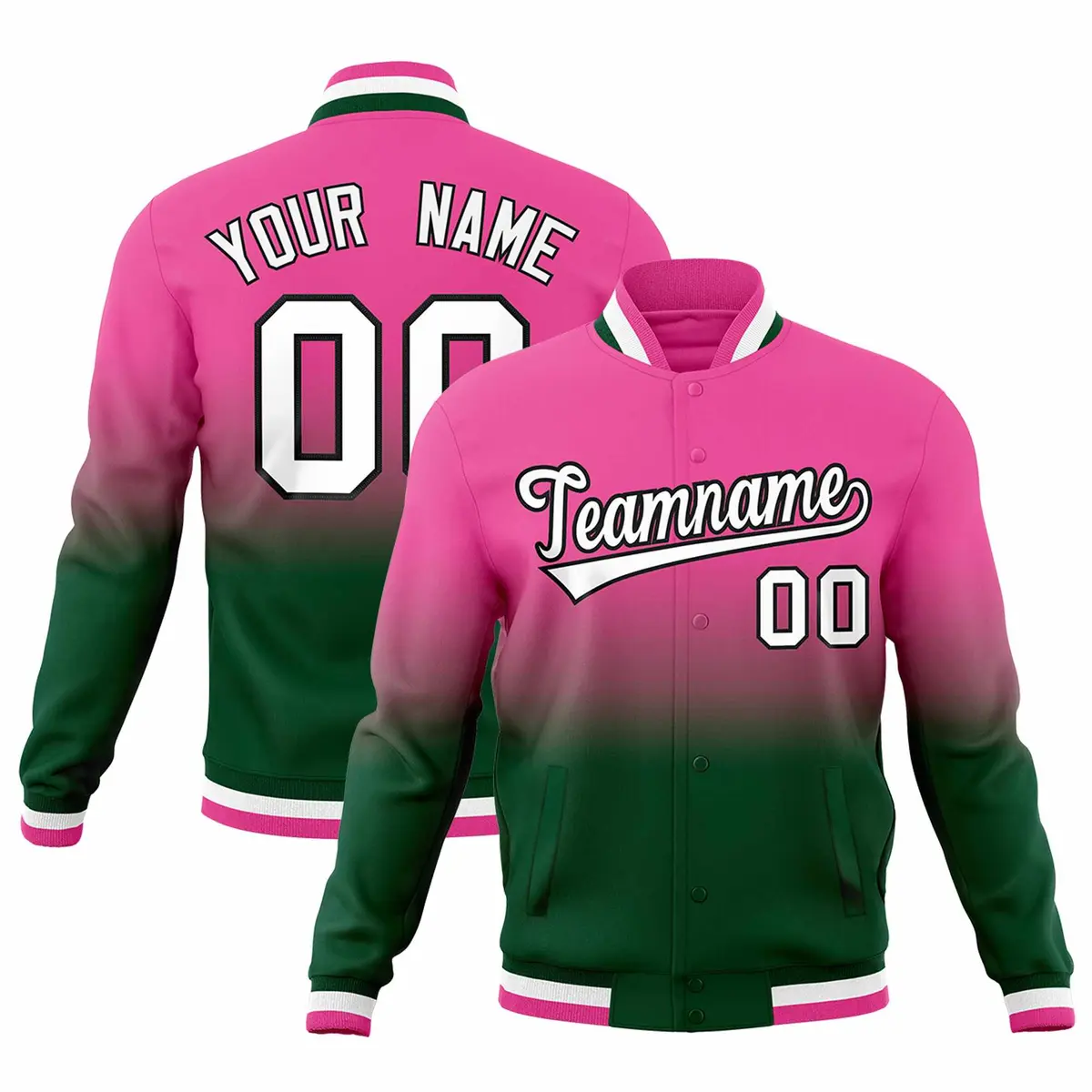Green Pink Gradient Full-Snap Varsity Letterman Jacket