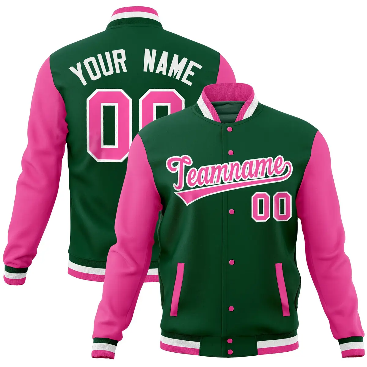 Green Pink Raglan Full-Snap Varsity Letterman Baseball Jacket