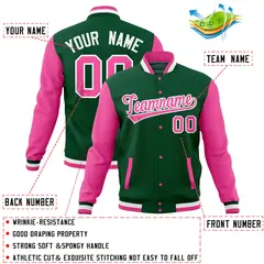 Green Pink Raglan Full-Snap Varsity Letterman Baseball Jacket 4