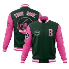 Green Pink Raglan Full-Snap Varsity Letterman Baseball Jacket