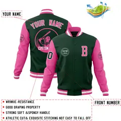 Green Pink Raglan Full-Snap Varsity Letterman Baseball Jacket 4