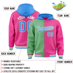 Green Pink Two Tone Split Varsity Letterman Hoodie Jacket 4